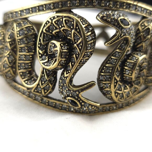 Heidi Daus Double Dragon Snake Clamper Gold-Tone Rhinestones Hinged Bracelet - Picture 4 of 12
